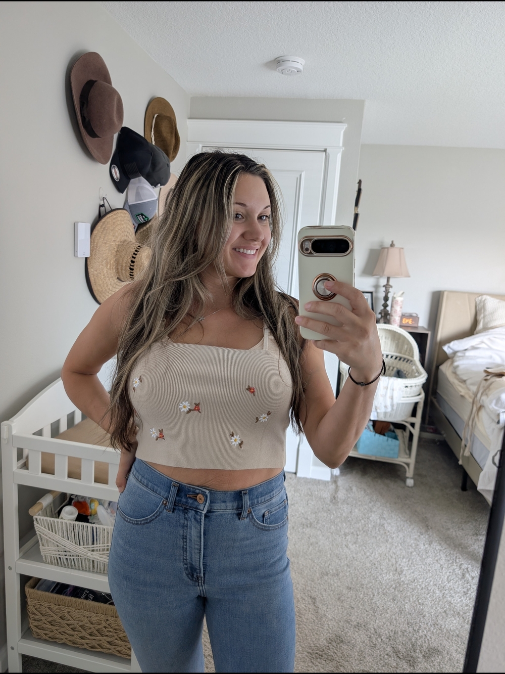 Forever 21 Beige Floral Embroidered Cropped Tank